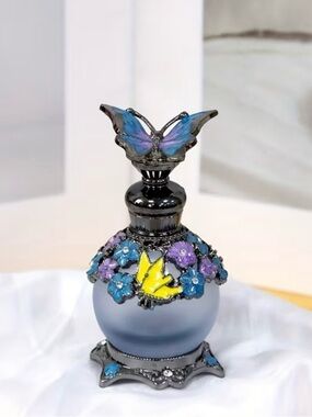 NIB Butterfly-Top Glass Miniature Perfume Bottle in Blue, Purple & Yellow